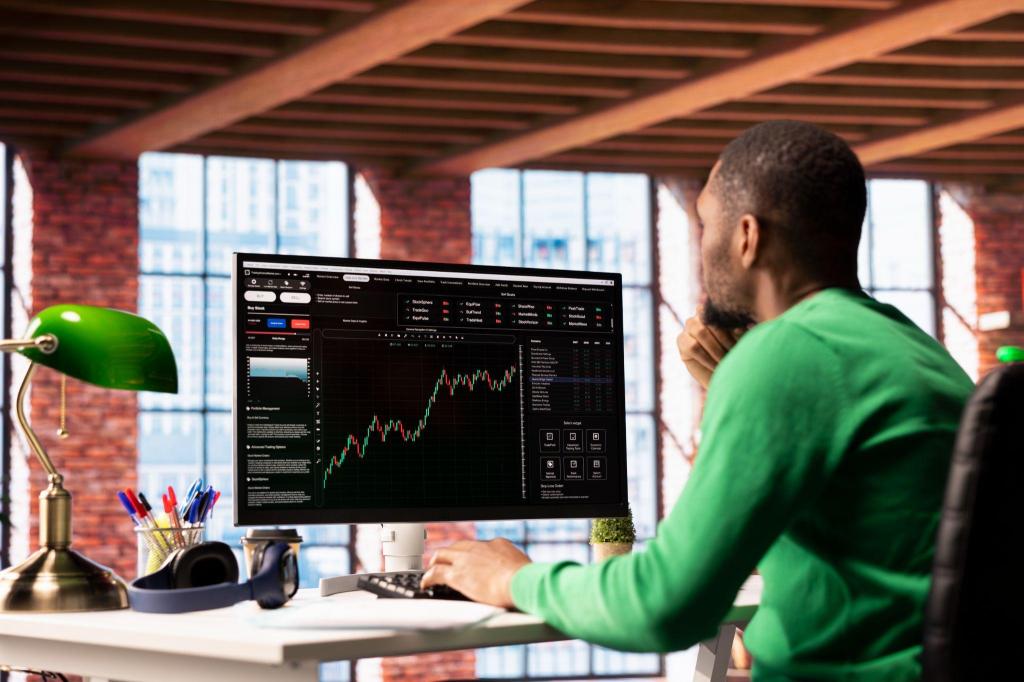 Homem vestindo uma camisa verde e sentado em uma mesa de escritório analisando gráficos de desempenho do índice S&P 500 no monitor do computador em um espaço moderno e iluminado.