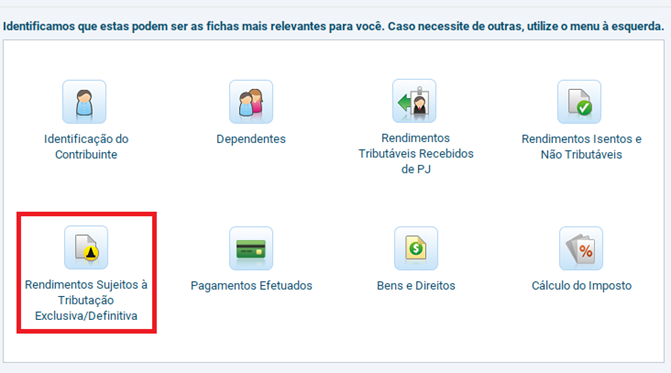 Print do programa IRPF 2026 mostrando o caminho na ficha “Rendimentos Sujeitos à Tributação Exclusiva/Definitiva”
