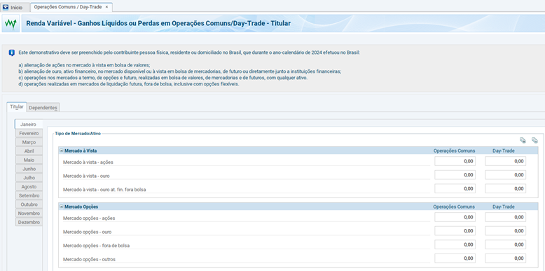 Print do programa IRPF 2026 mostrando a tela para declarar ganhos em Operações Comuns/Day Trade