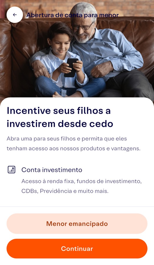 Tela do app da Rico com uma imagem de um homem e uma criança para mostrar as facilidades de investir sendo menor de idade.