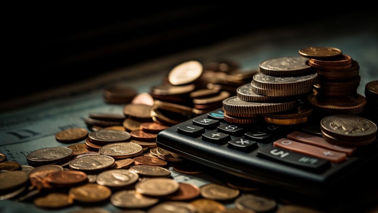 diversas moedas douradas do pagamento de dividendos espalhadas e empilhadas em cima de uma calculadora.