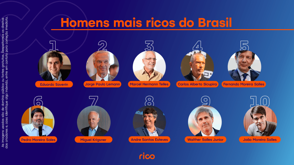 Infográfico mostrando os dez homens mais ricos do Brasil.