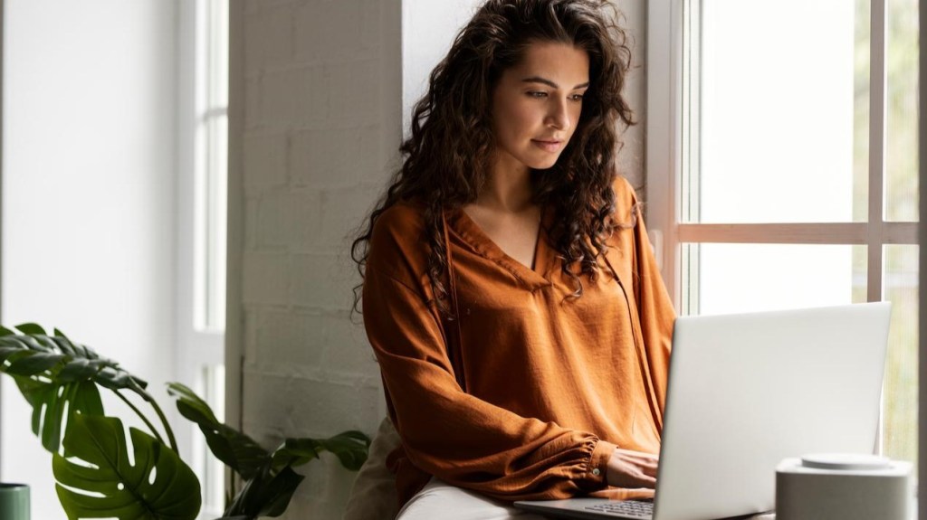 mulher sentada perto de uma janela pesquisando em seu laptop onde investir 20 mil reais da melhor forma