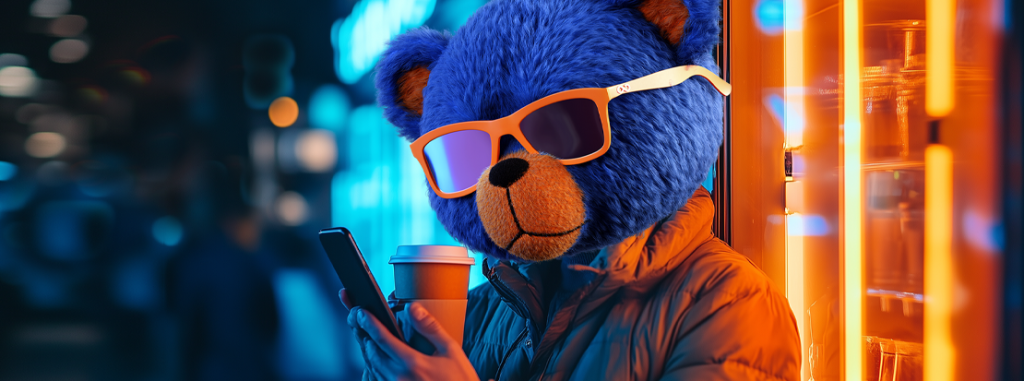 Urso da Rico segurando um celular para pesquisar sobre o Fundo 24h da Rico.