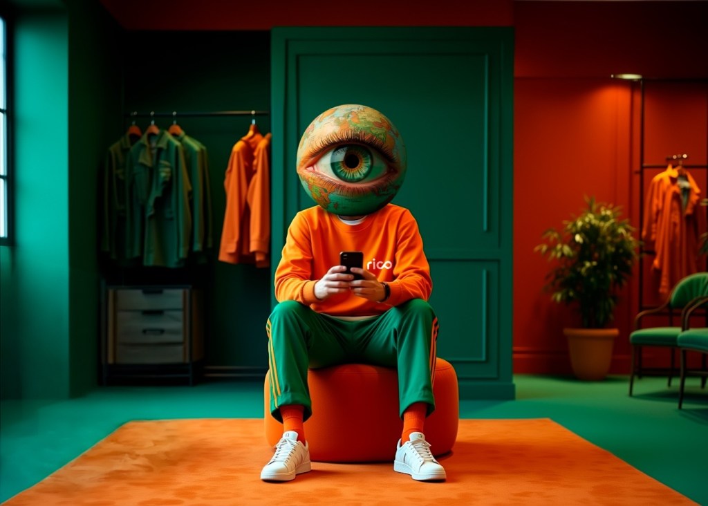 Personagem da Rico segurando um celular e sentado em uma poltrona dentro de um quarto. Sua cabeça é em formato de um olho, simbolizando o mundo e a nova conta investimento global na Rico.