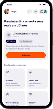 Tela inicial do aplicativo da Rico mostrando como investir na Conta Global.