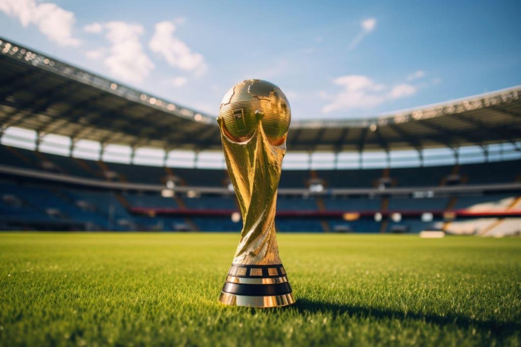 Imagem da taça da Copa do Mundo centralizada no campo de um estádio de futebol